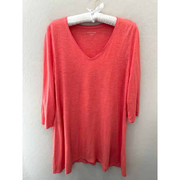 EILEEN FISHER | Coral Orange Organic Cotton Hemp Slub V-Neck Tunic | Medium - Picture 1 of 6